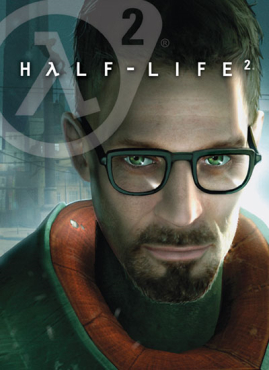 Half-Life 2 game cover featuring Gordon Freeman in a dystopian city