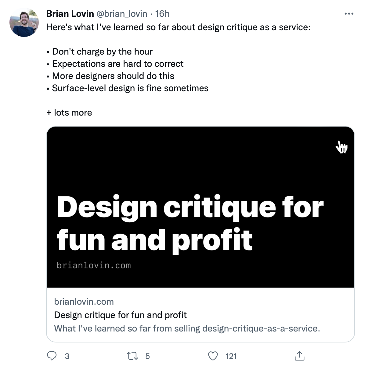 Tweet from Brian Lovin with Open Graph Preview